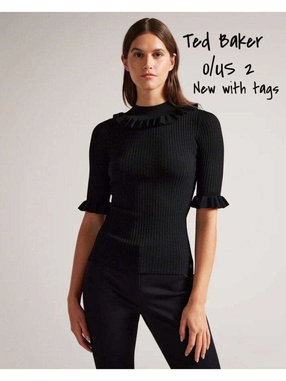Ted Baker Women's Fitted Top Frill Neck Detail in Black, Katella Size 0/US 2 New